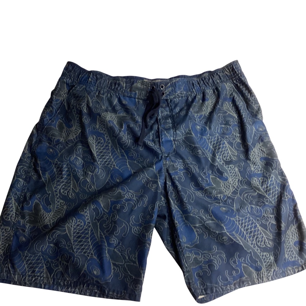 Old Navy Swim Trunks Koi Fish Print Elastic‎ Tie Waist Blue Gray Mens XL Liner